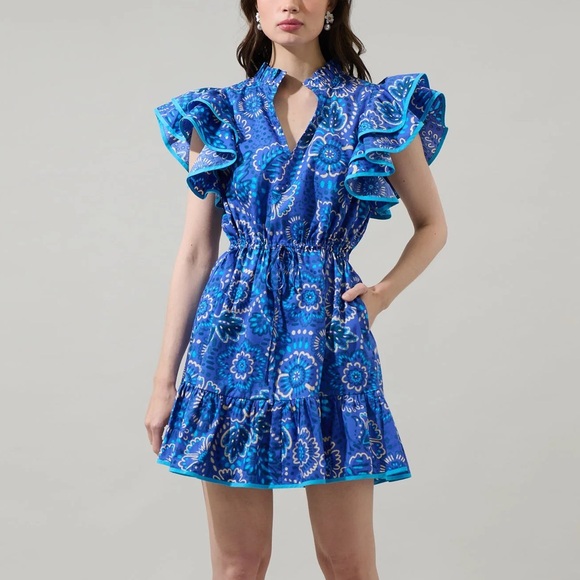 Sugarlips Kenner Floral Alina Ruffle Shift Mini Dress in Blue Multi Women's M - Picture 2 of 9